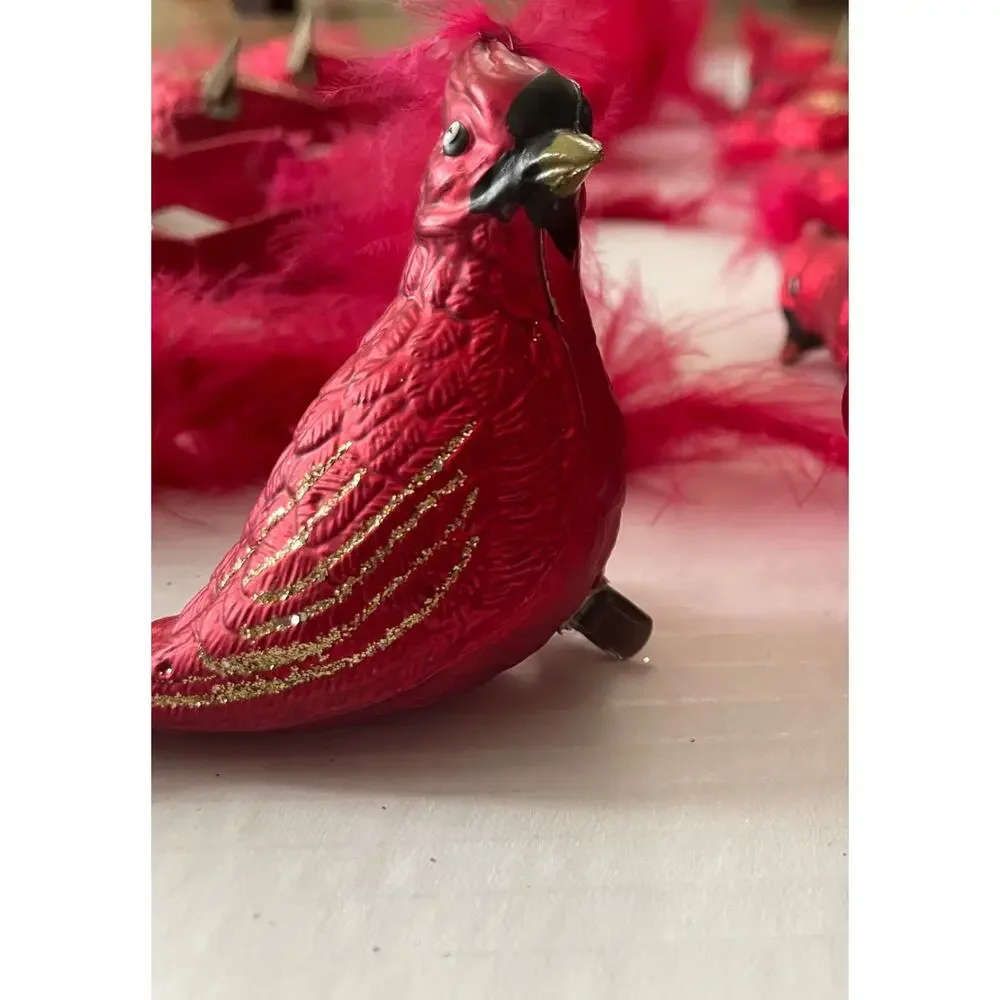 Lot of 12 Christmas Red Cardinal Feathered Clip-on Glass Ornaments Hand Painted